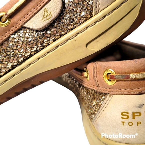 Women's SPERRY Angelfish Signature Gold Glitter Suede Loafers Flats Slip-on - Picture 2 of 5